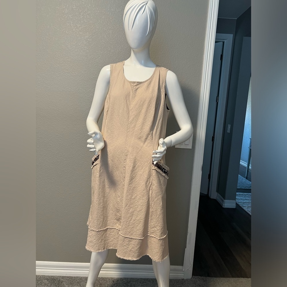 Roz & Ali Womens Khaki Linen Dress Leopard
Animal Print Trim Size 20